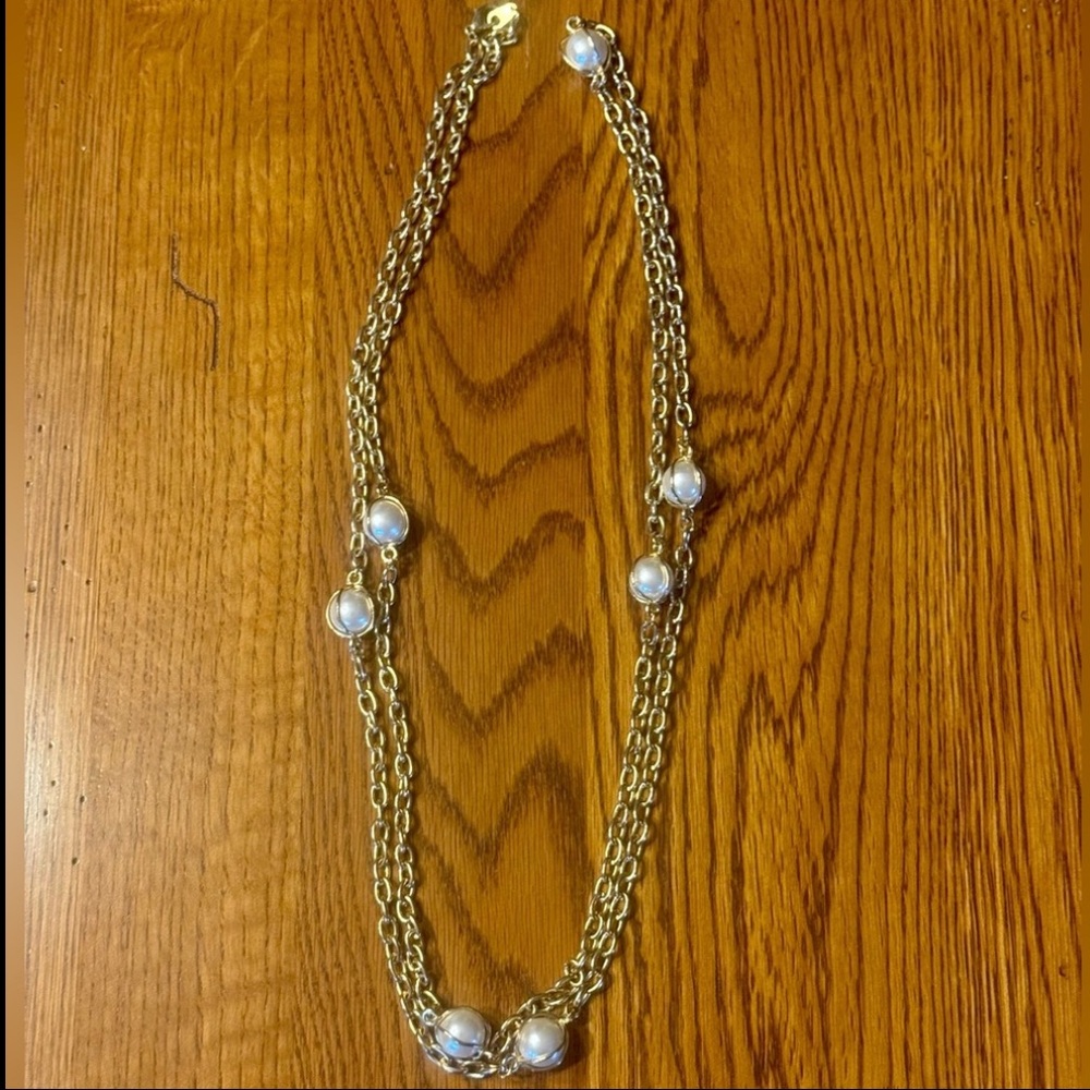 Vintage Gold Tone Faux Pearl Station Long Necklace 25”Layering Chain Classic - Picture 9 of 9